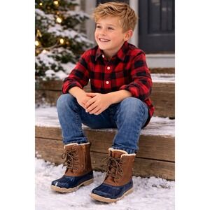 Highland Creek Kids Duck Boots Size 3 Brown/Navy Sherpa Lined Winter Rain Boots